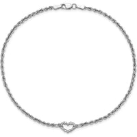 10K White Gold Diamond-Cut Open Heart 10" Rope Chain Anklet