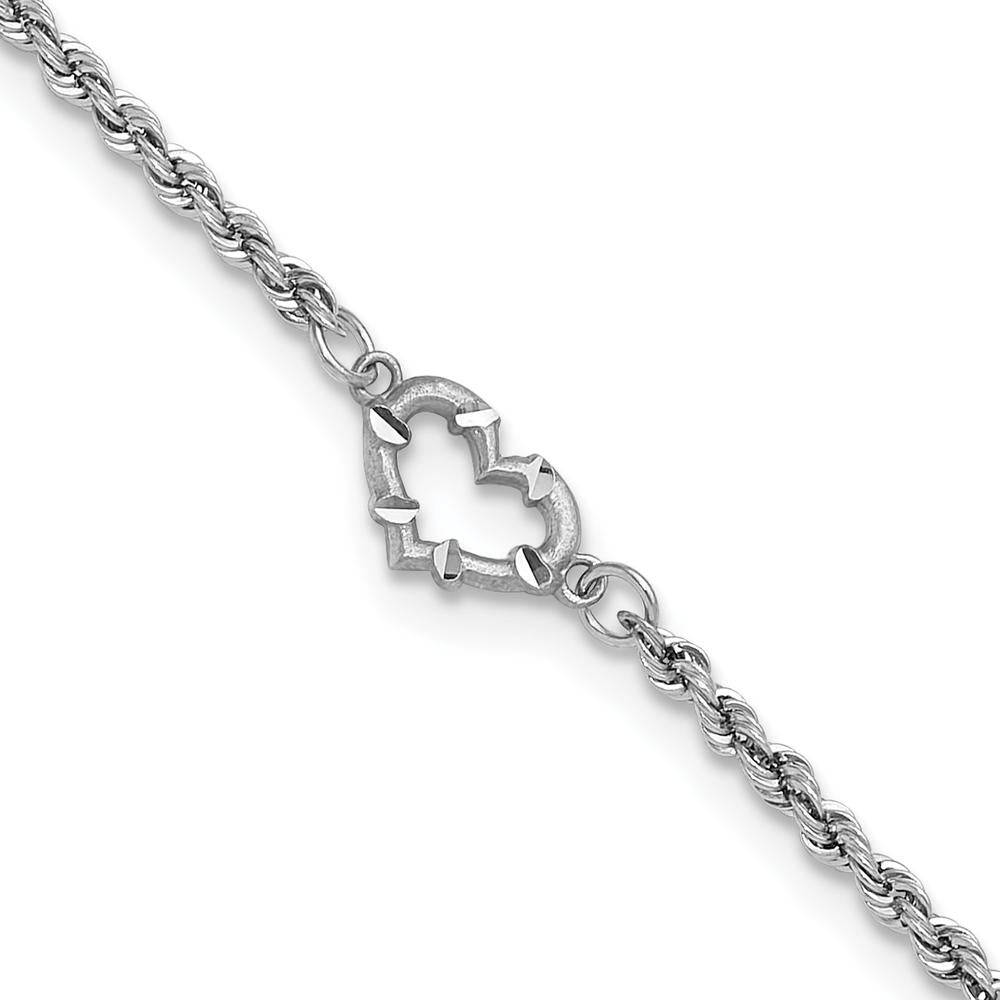 10K White Gold Diamond-Cut Open Heart and Rope Chain 9" Anklet
