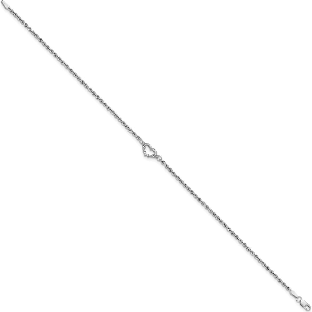 10K White Gold Diamond-Cut Open Heart and Rope Chain 9" Anklet
