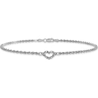 10K White Gold Diamond-Cut Open Heart and Rope Chain 9" Anklet