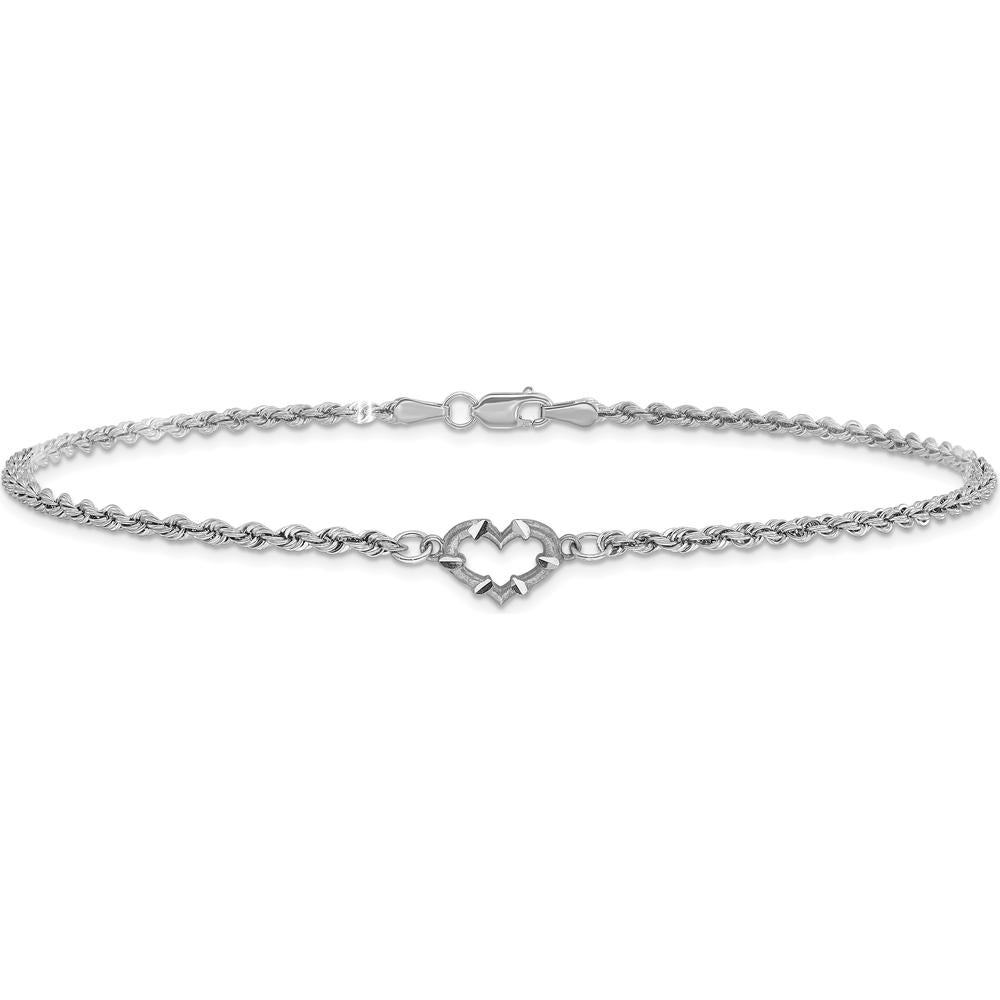 10K White Gold Diamond-Cut Open Heart and Rope Chain 9" Anklet