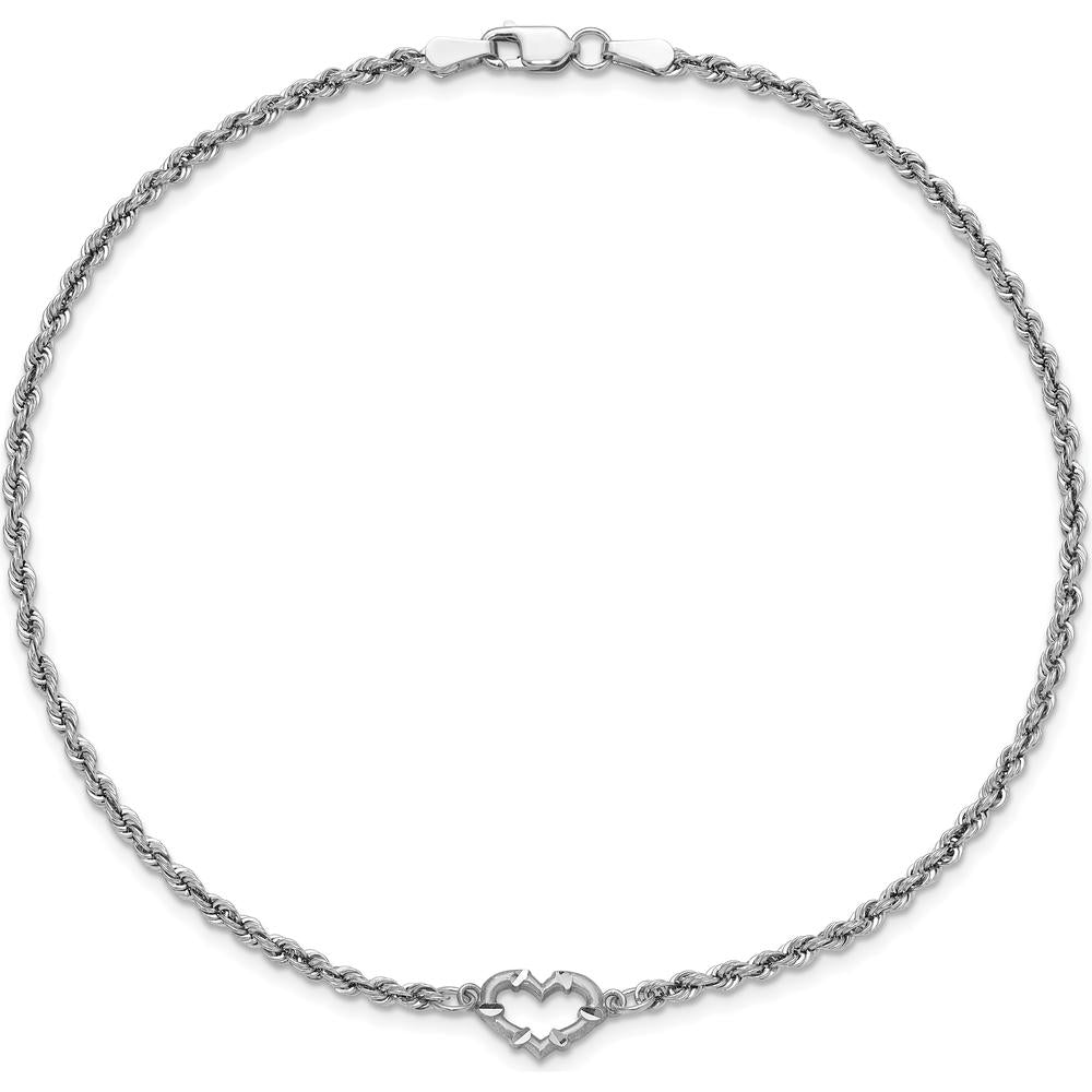 10K White Gold Diamond-Cut Open Heart and Rope Chain 9" Anklet