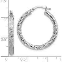 10K White Gold Diamond-cut Round Hoop Earrings with Rhodium Plating - 28mm Length
