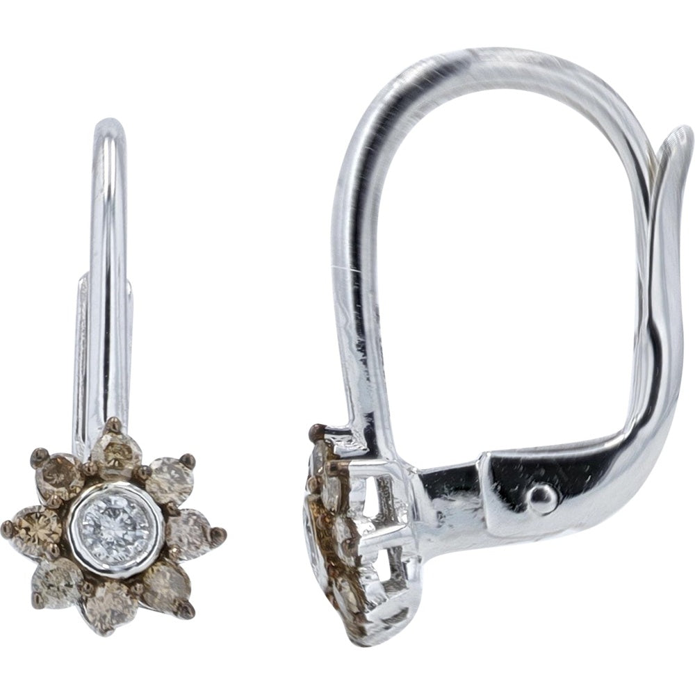 10K White Gold Diamond Floral Lever-Back Earrings with Bezel Set Center and Prong Accents - 0.25 Carat Total Diamond Weight