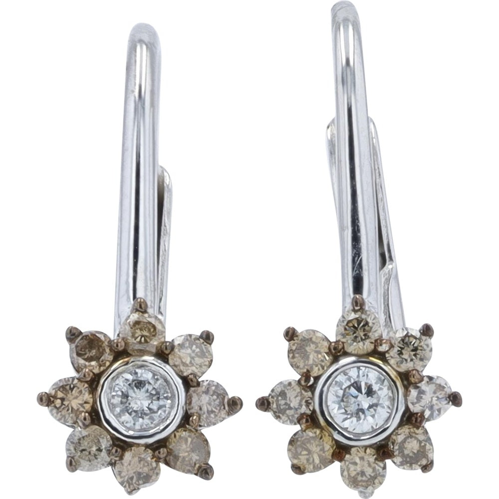 10K White Gold Diamond Floral Lever-Back Earrings with Bezel Set Center and Prong Accents - 0.25 Carat Total Diamond Weight