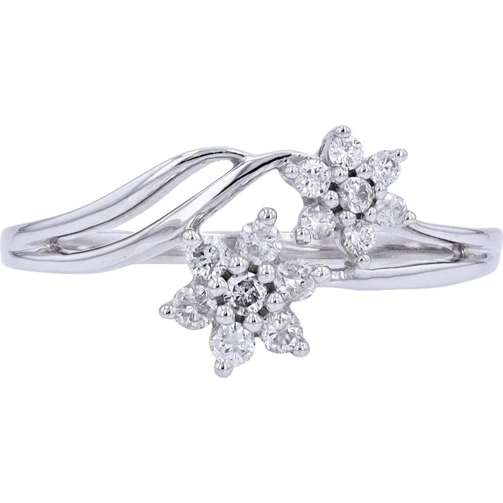 10K White Gold Diamond Flower Ring with Two Blooming Floral Clusters - 0.25 Carats Total Diamond Weight