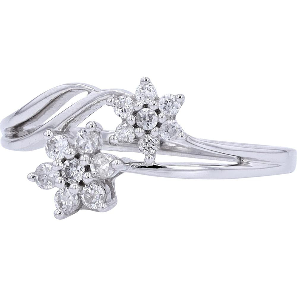 10K White Gold Diamond Flower Ring with Two Blooming Floral Clusters - 0.25 Carats Total Diamond Weight