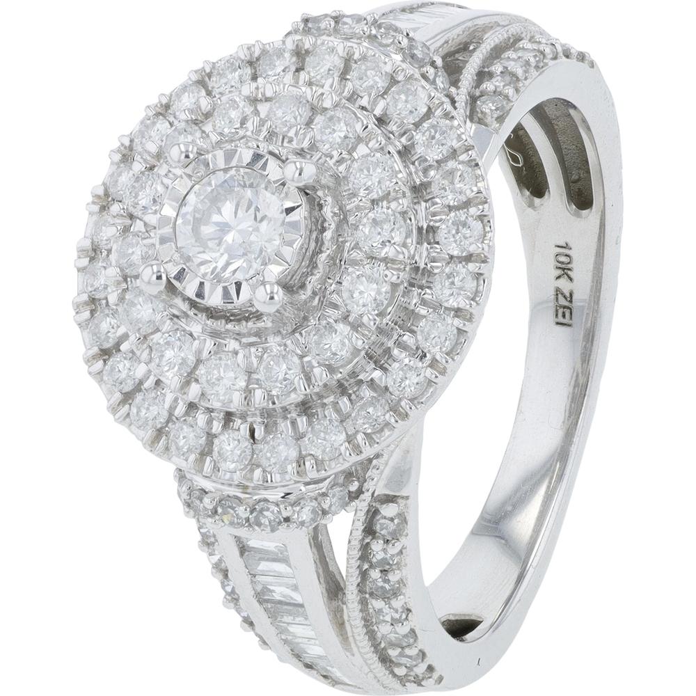 10K White Gold Diamond Halo Ring with Milgrain Detailing - 1.00 Carat Total Diamond Weight
