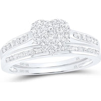 10K White Gold Diamond Heart Bridal Wedding Ring Set with Round and Princess Cut Diamonds - 1/2 Carat Total Diamond Weight