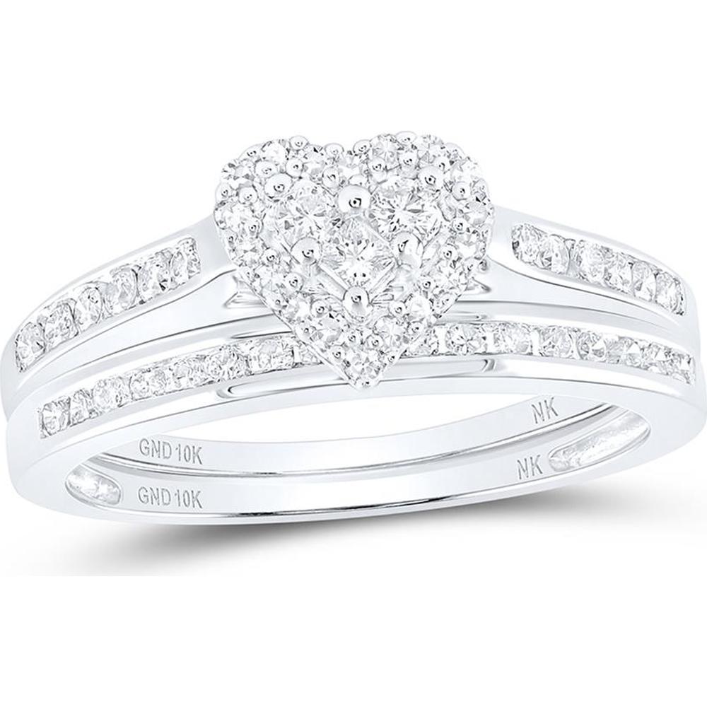 10K White Gold Diamond Heart Bridal Wedding Ring Set with Round and Princess Cut Diamonds - 1/2 Carat Total Diamond Weight