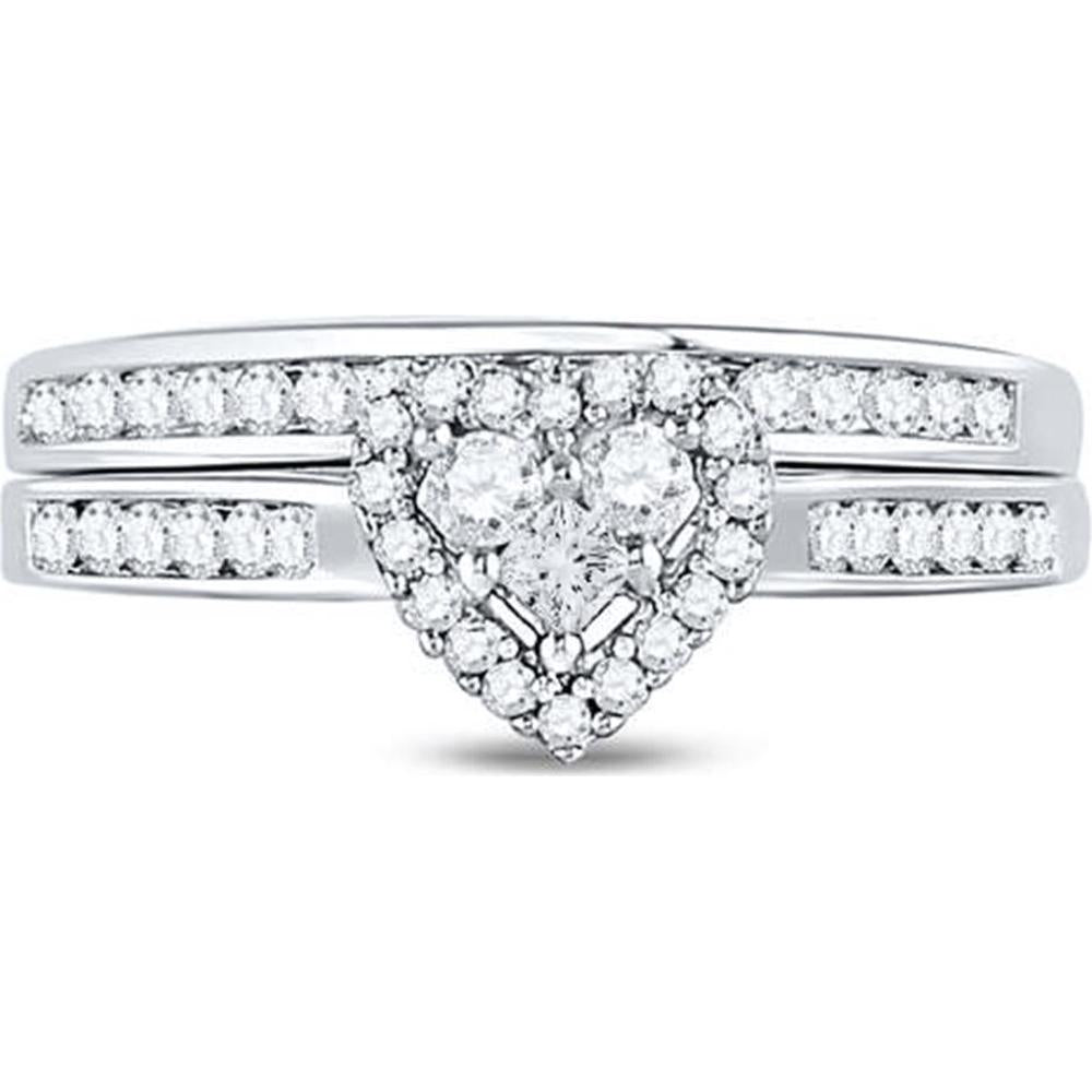 10K White Gold Diamond Heart Bridal Wedding Ring Set with Round and Princess Cut Diamonds - 1/2 Carat Total Diamond Weight