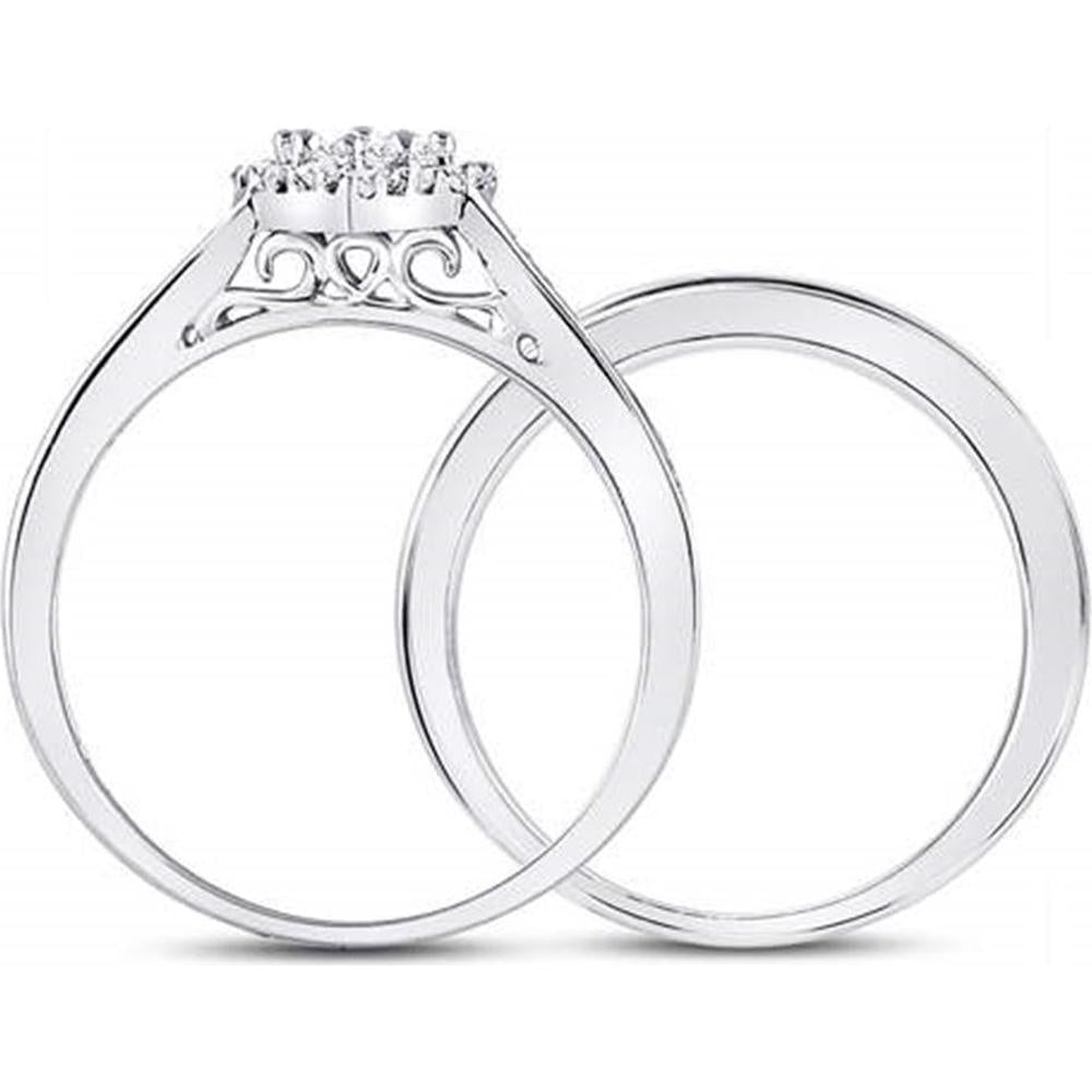 10K White Gold Diamond Heart Bridal Wedding Ring Set with Round and Princess Cut Diamonds - 1/2 Carat Total Diamond Weight