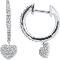 10K White Gold Diamond Heart Dangle Hoop Earrings with Pavé-Set Round Diamonds - 0.25 Carat Total Diamond Weight