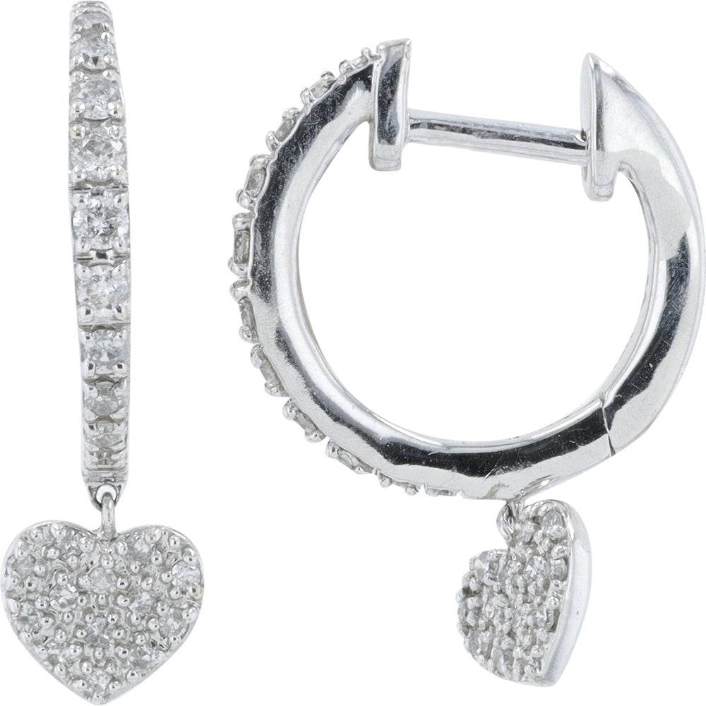 10K White Gold Diamond Heart Dangle Hoop Earrings with Pavé-Set Round Diamonds - 0.25 Carat Total Diamond Weight