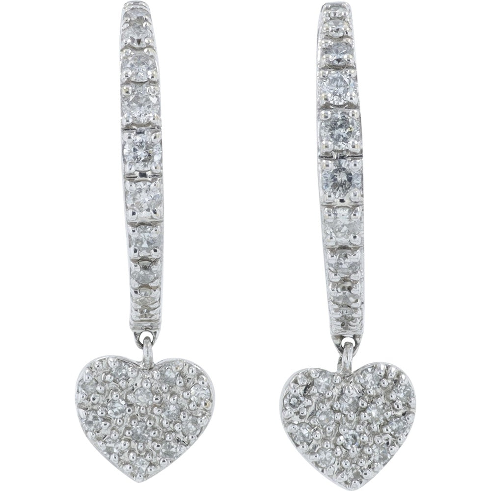 10K White Gold Diamond Heart Dangle Hoop Earrings with Pavé-Set Round Diamonds - 0.25 Carat Total Diamond Weight