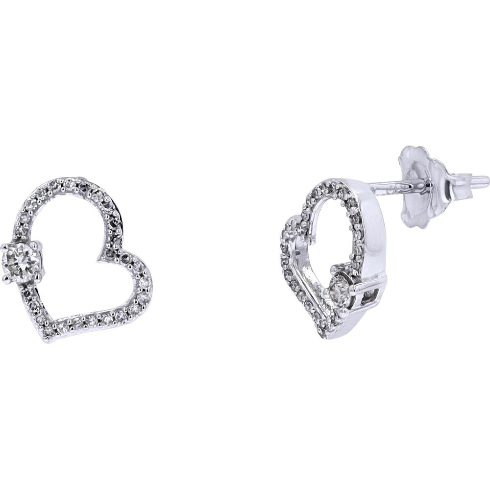 10K White Gold Diamond Heart Earrings - 1/4 Carats Total Diamond Weight