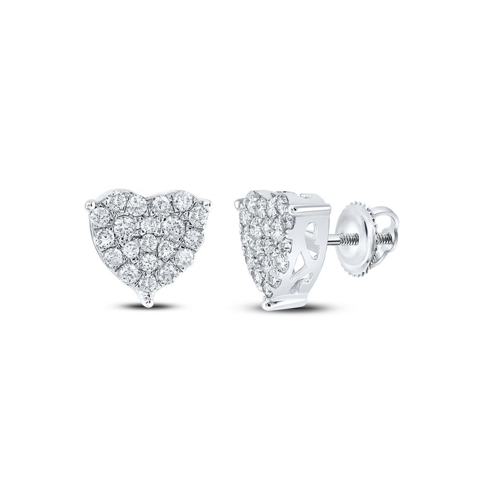 10K White Gold Diamond Heart Earrings - 1 Carat Total Diamond Weight