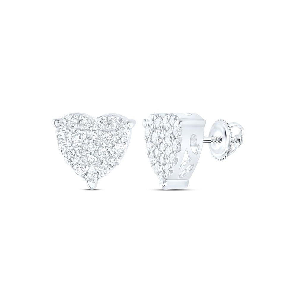 10K White Gold Diamond Heart Earrings - 3/4 Carat Total Diamond Weight