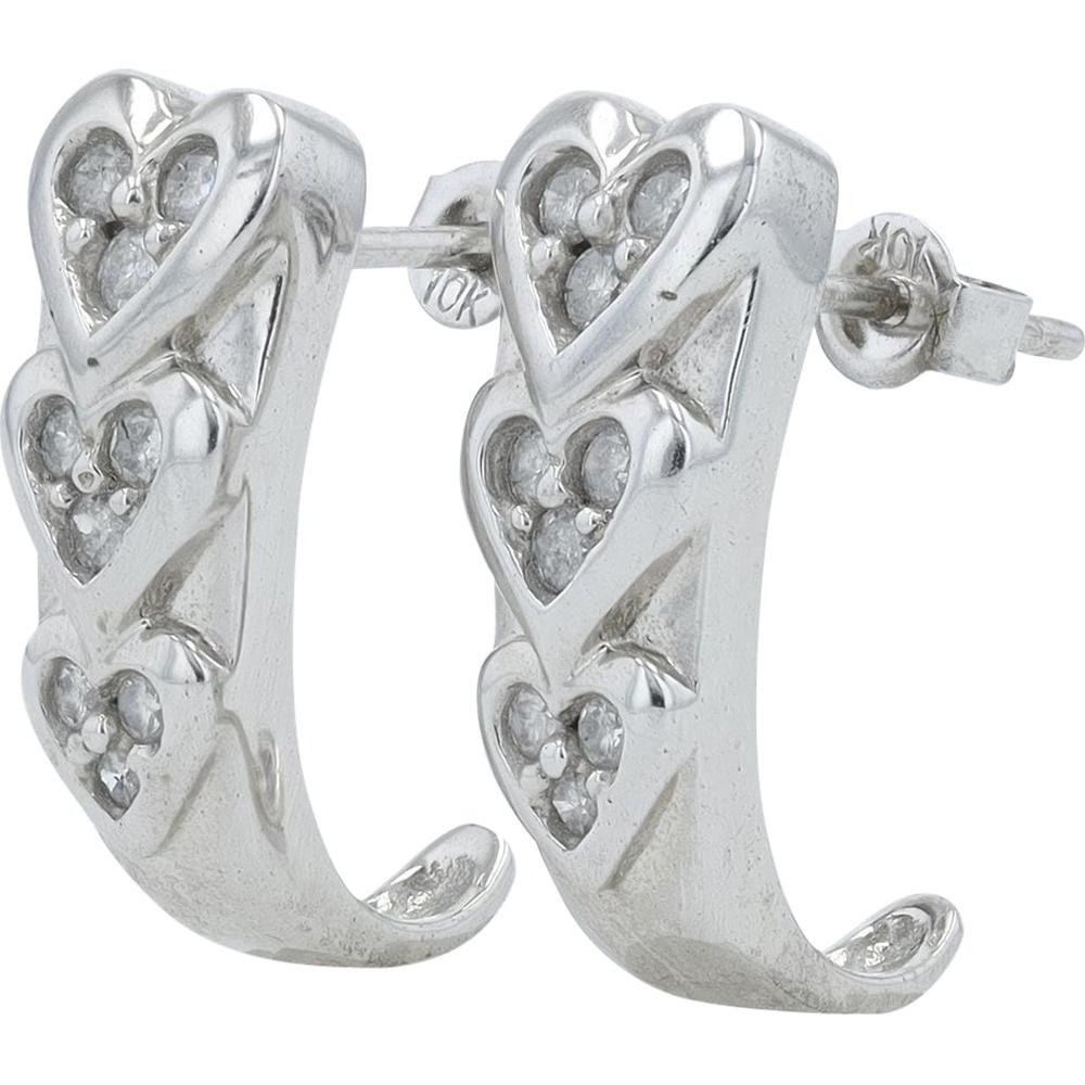 10K White Gold Diamond Heart J-Hoop Earrings - 3/8 Carats Total Diamond Weight