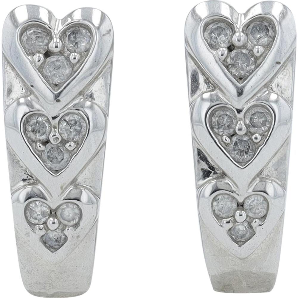 10K White Gold Diamond Heart J-Hoop Earrings - 3/8 Carats Total Diamond Weight