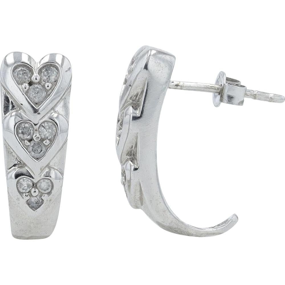 10K White Gold Diamond Heart J-Hoop Earrings - 3/8 Carats Total Diamond Weight