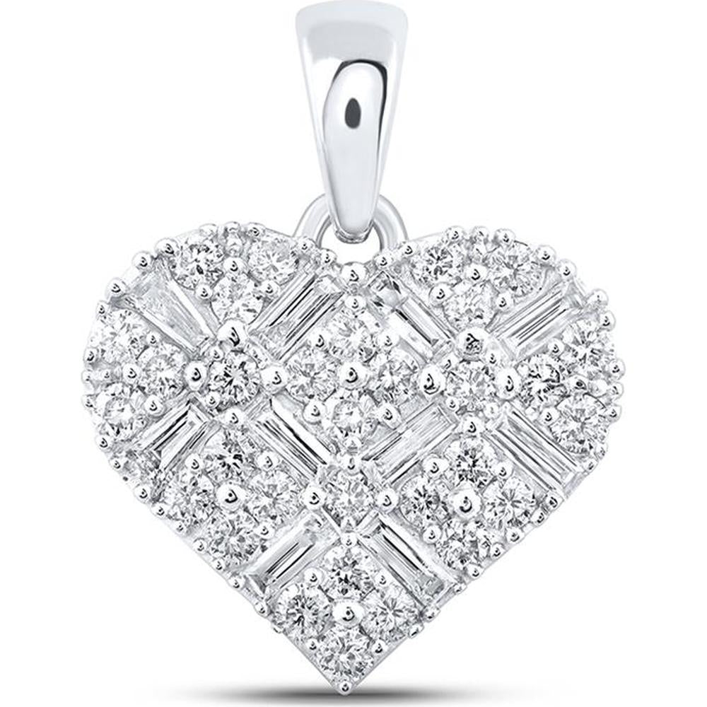 10K White Gold Diamond Heart Pendant with Baguette and Round Diamonds - 5/8 Carat Total Diamond Weight