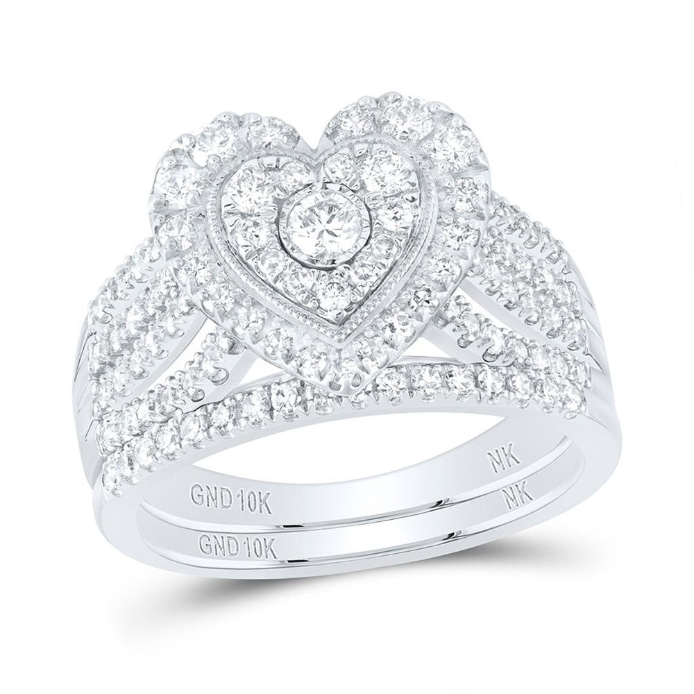 10K White Gold Diamond Heart Ring - 1 Carat Total Diamond Weight