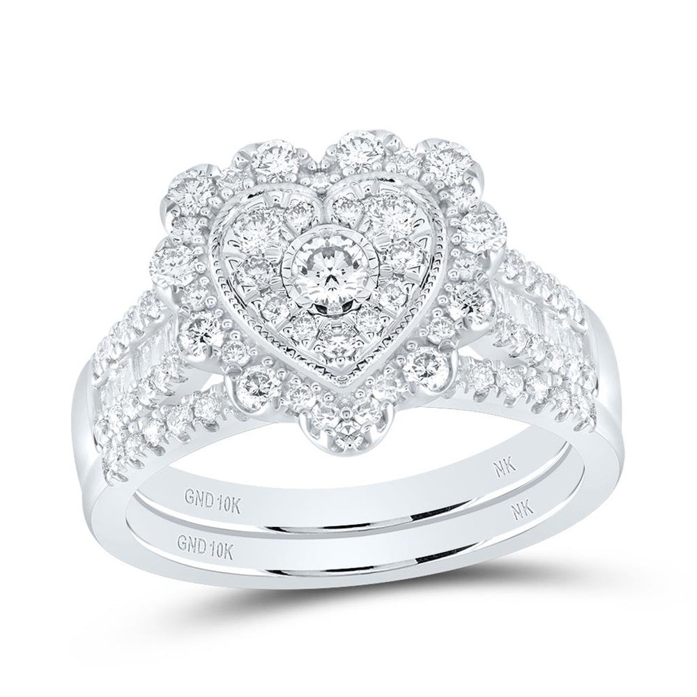 10K White Gold Diamond Heart Ring - 7/8 Carat Total Diamond Weight