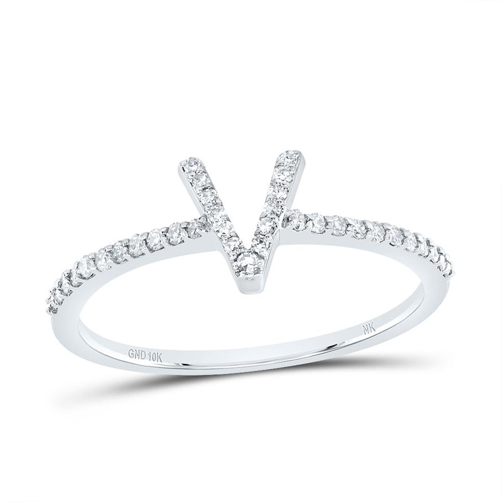 10K White Gold Diamond Initial V Ring - 1/7 Carat Total Diamond Weight
