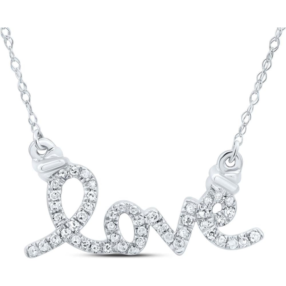10K White Gold Diamond Love Script Pendant Necklace with Prong-Set Round Diamonds - 0.12 Carat Total Diamond Weight