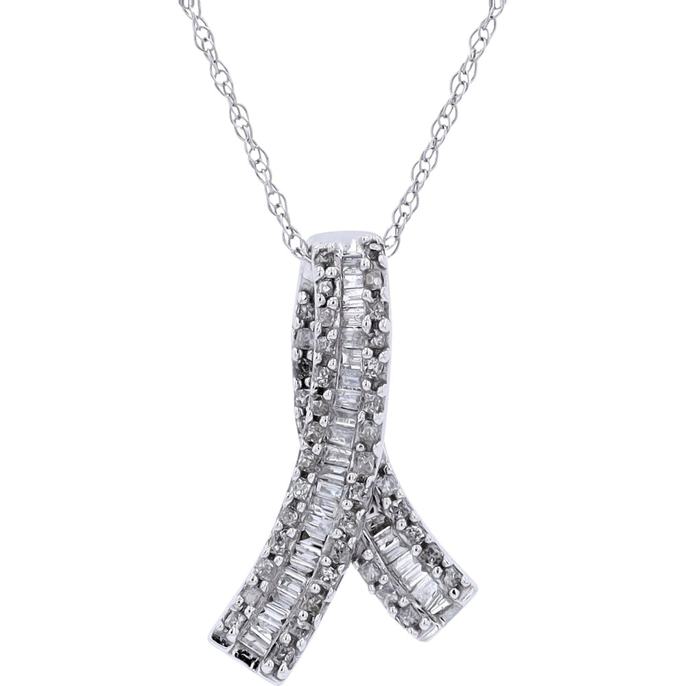 10K White Gold Diamond Ribbon Pendant with Baguette and Round Cut Diamonds - 0.54 Carat Total Diamond Weight