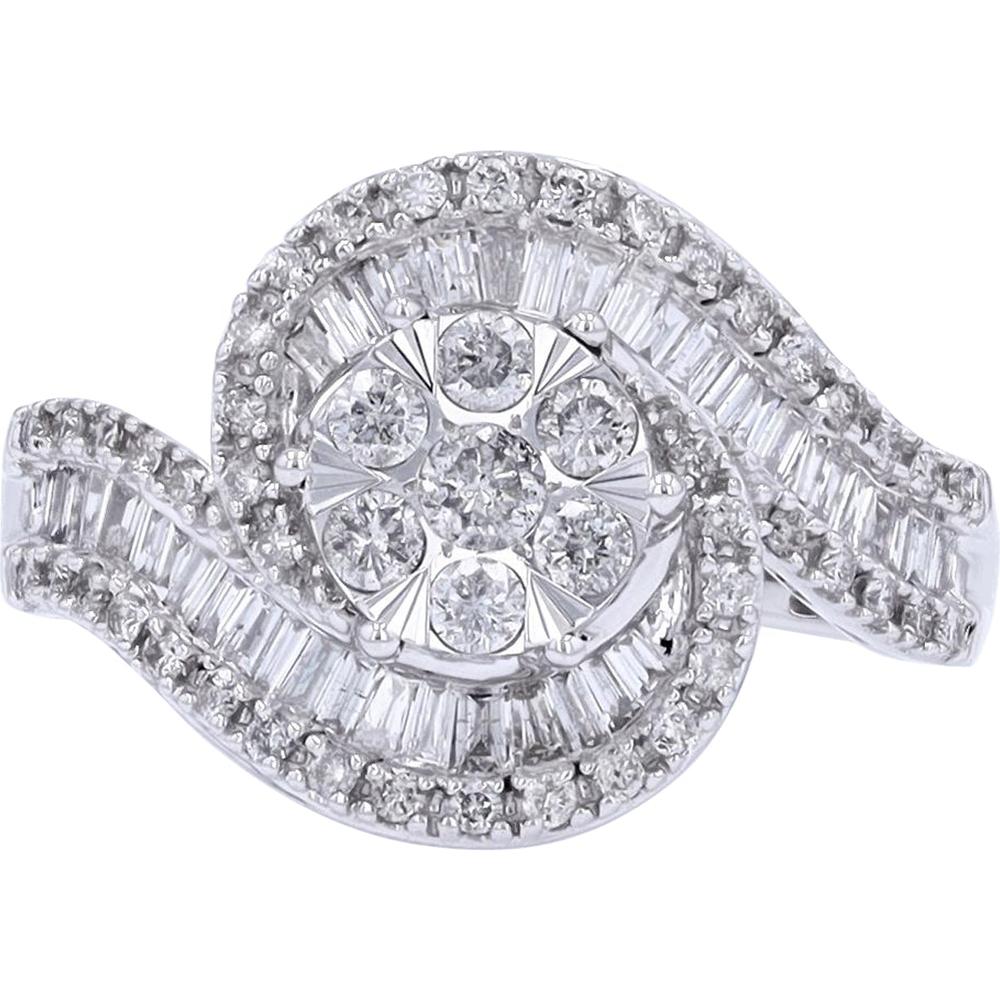 10K White Gold Diamond Ring with Round and Baguette Diamonds - 1.00 Carat Total Diamond Weight