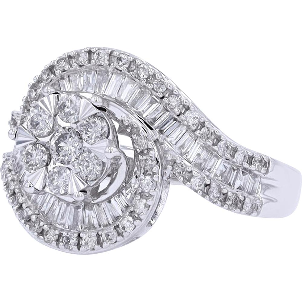 10K White Gold Diamond Ring with Round and Baguette Diamonds - 1.00 Carat Total Diamond Weight