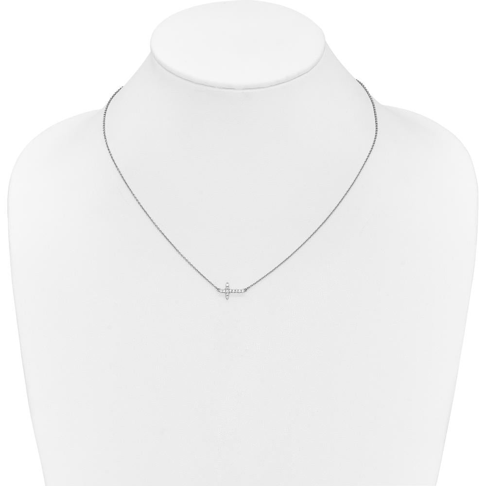 10K White Gold Diamond Sideways Cross Necklace with Polished Finish - 18" Chain by Oro Pregiato