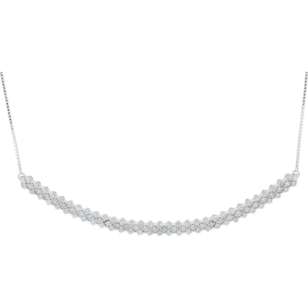 10K White Gold Diamond Station Necklace with 1.00 Carat Total Round Diamonds