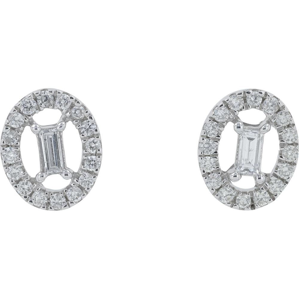 10K White Gold Diamond Stud Earrings with Baguette Center and Halo Round Diamonds - 0.25 Carat Total Diamond Weight