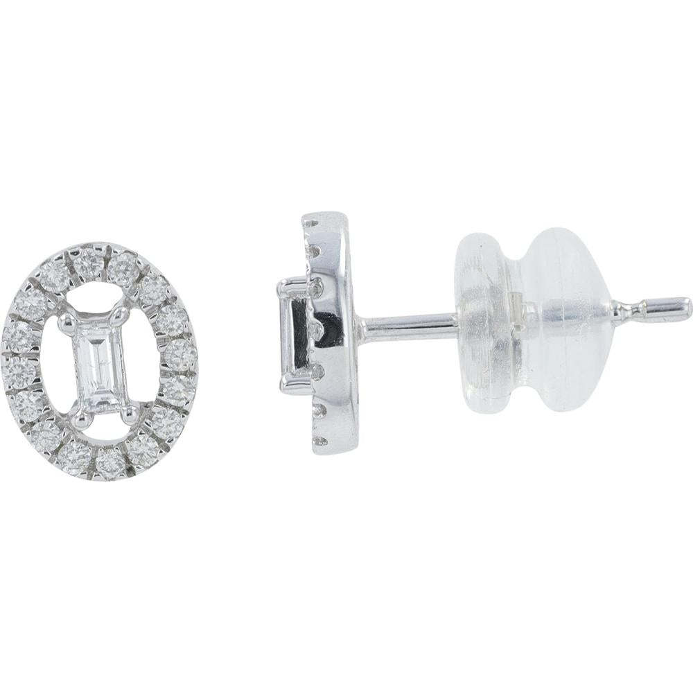 10K White Gold Diamond Stud Earrings with Baguette Center and Halo Round Diamonds - 0.25 Carat Total Diamond Weight