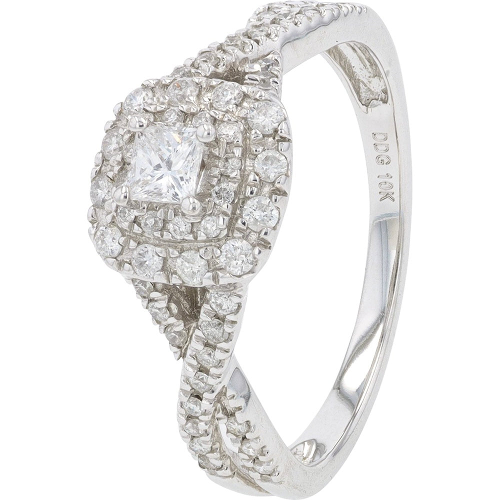 10K White Gold Double Halo Engagement Ring with Twisted Pavé Shank and Princess Cut Diamond - 1.38 Carat Total Diamond Weight