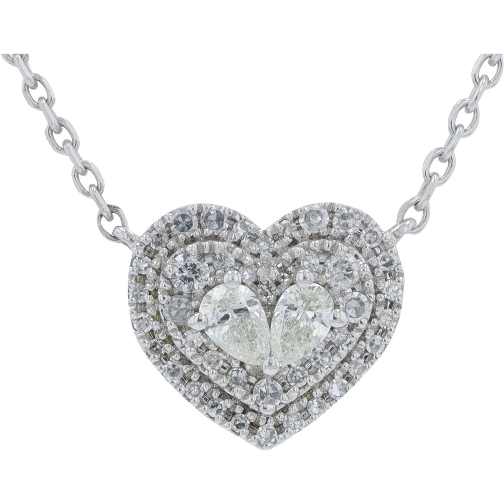 10K White Gold Double Halo Heart Pendant Necklace with Pear and Round Diamonds - 0.25 Carat Total Diamond Weight