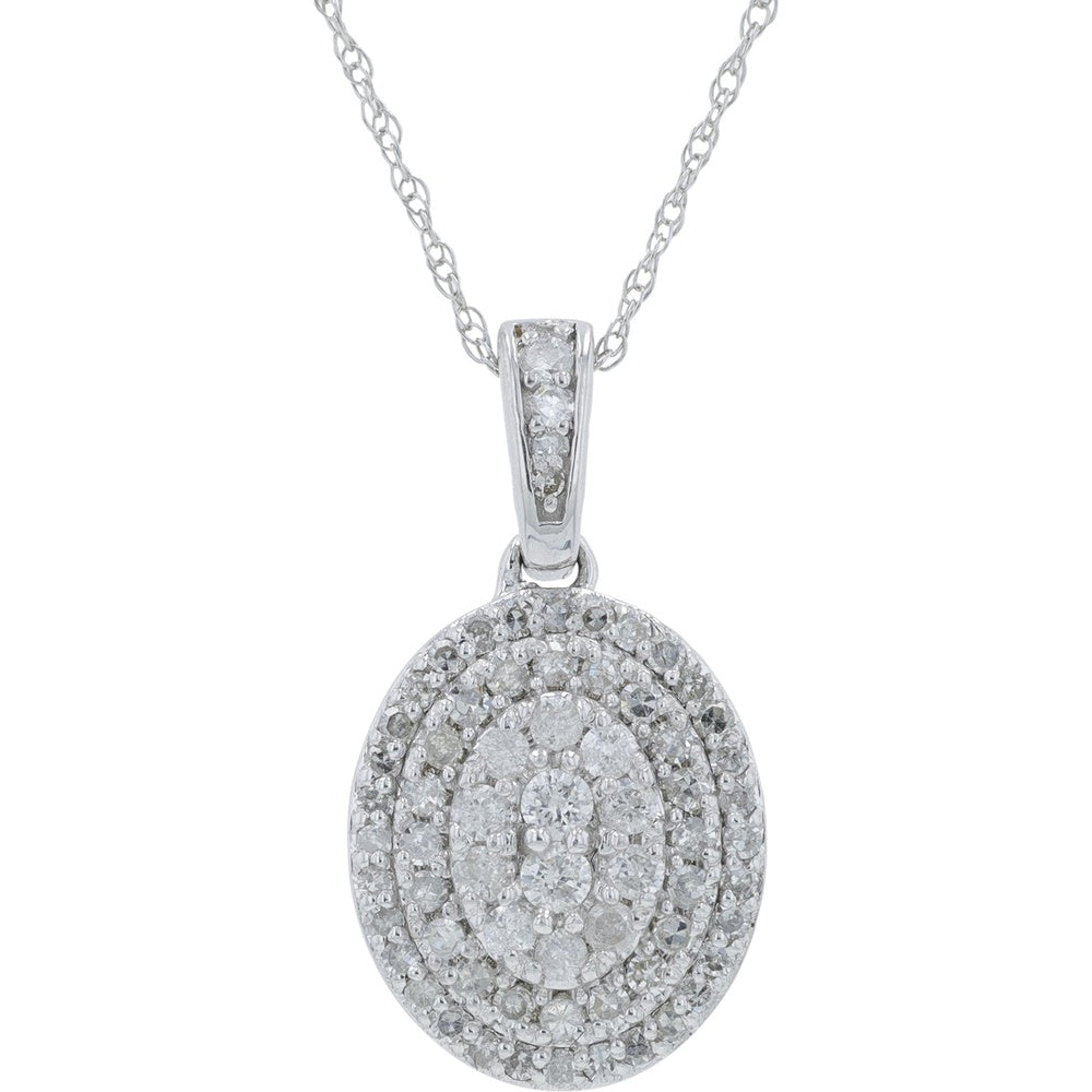 10K White Gold Double Halo Oval Pendant Necklace with Round Diamonds - 0.50 Carat Total Diamond Weight