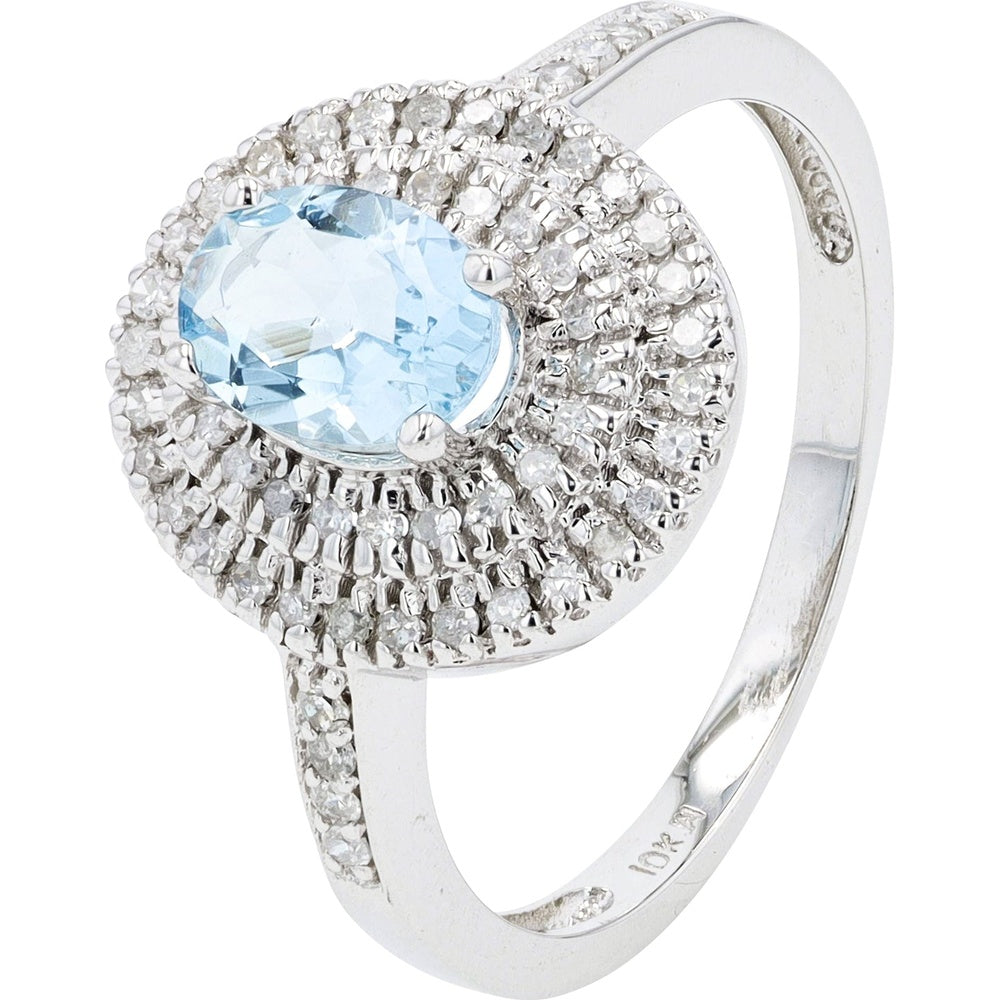 10K White Gold Double Halo Ring with Oval Aquamarine and Diamond Accents - 0.80 Carat Aquamarine and 0.30 Carat Total Diamond Weight