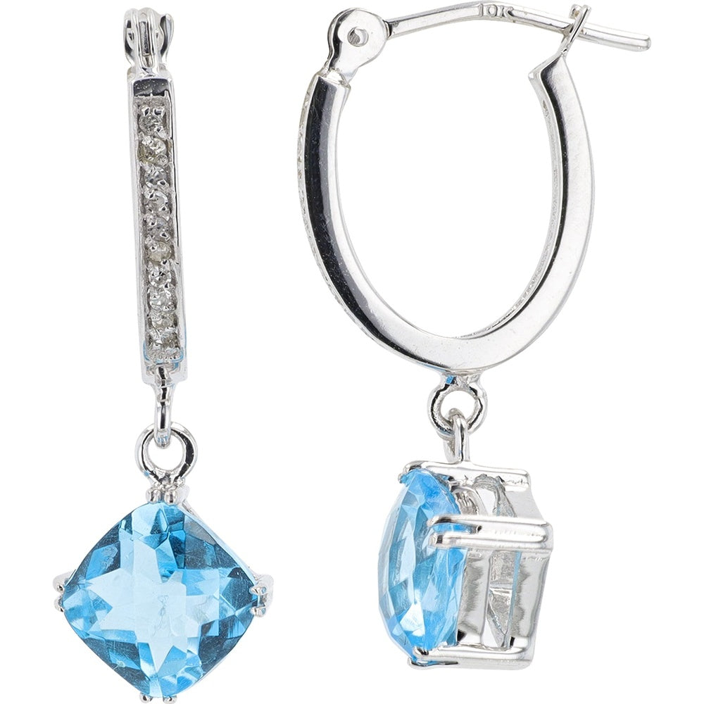 10K White Gold Drop Earrings with Cushion-Cut Blue Topaz and Diamond Accents - 1.50 Carat Total Topaz Weight