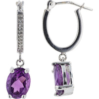 10K White Gold Drop Earrings with Oval Amethysts and Diamond Accents - 2.00 Carat Total Amethyst Weight and 0.06 Carat Total Diamond Weight