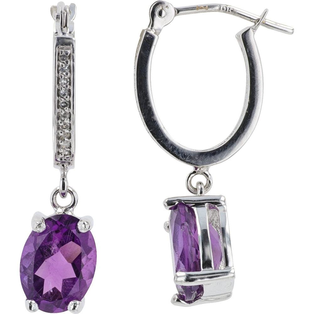 10K White Gold Drop Earrings with Oval Amethysts and Diamond Accents - 2.00 Carat Total Amethyst Weight and 0.06 Carat Total Diamond Weight