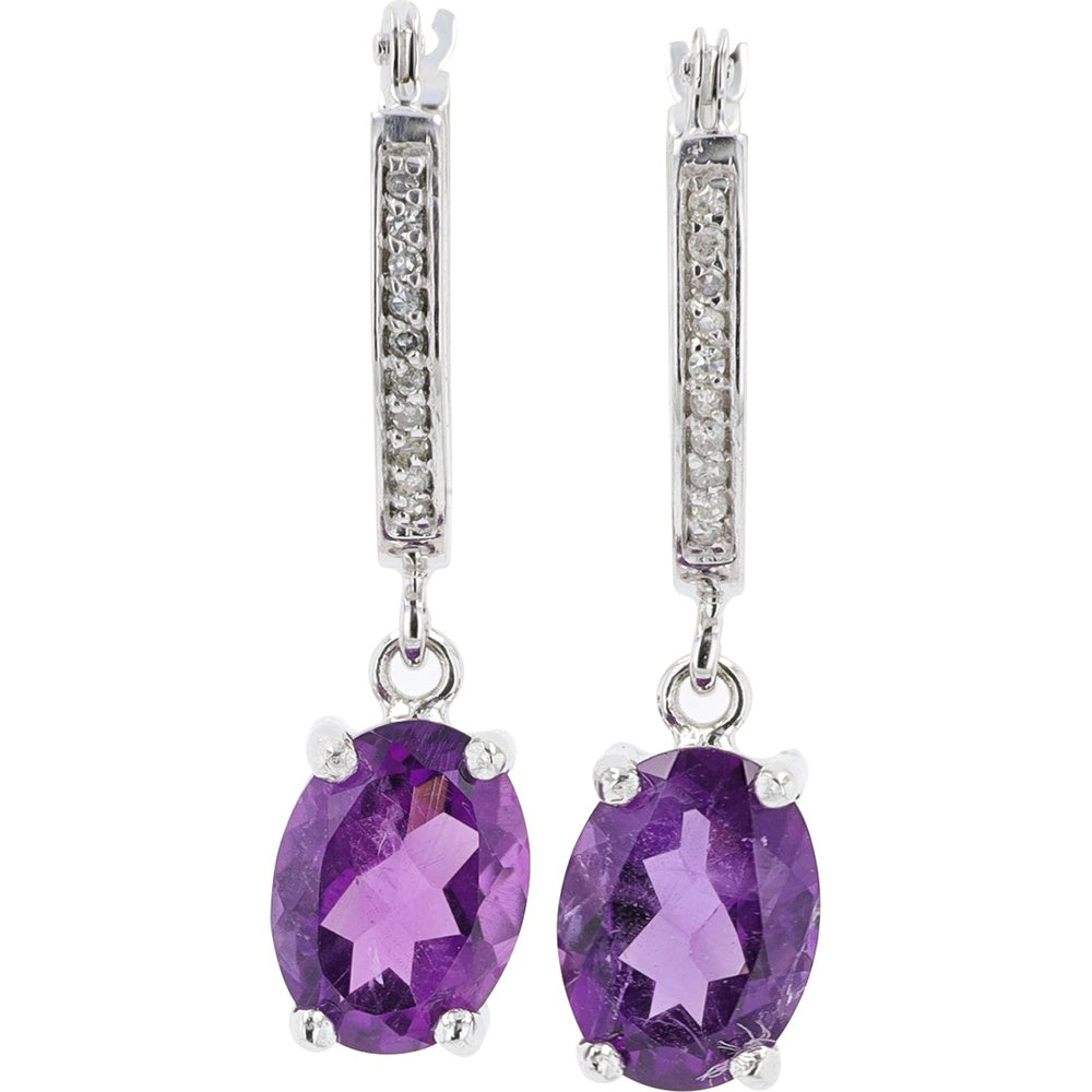 10K White Gold Drop Earrings with Oval Amethysts and Diamond Accents - 2.00 Carat Total Amethyst Weight and 0.06 Carat Total Diamond Weight