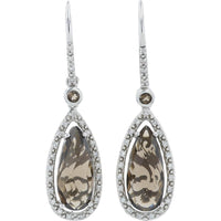 10K White Gold Drop Earrings with Pear - Shaped Smoky Quartz and 0.25 Carat Diamond Halo