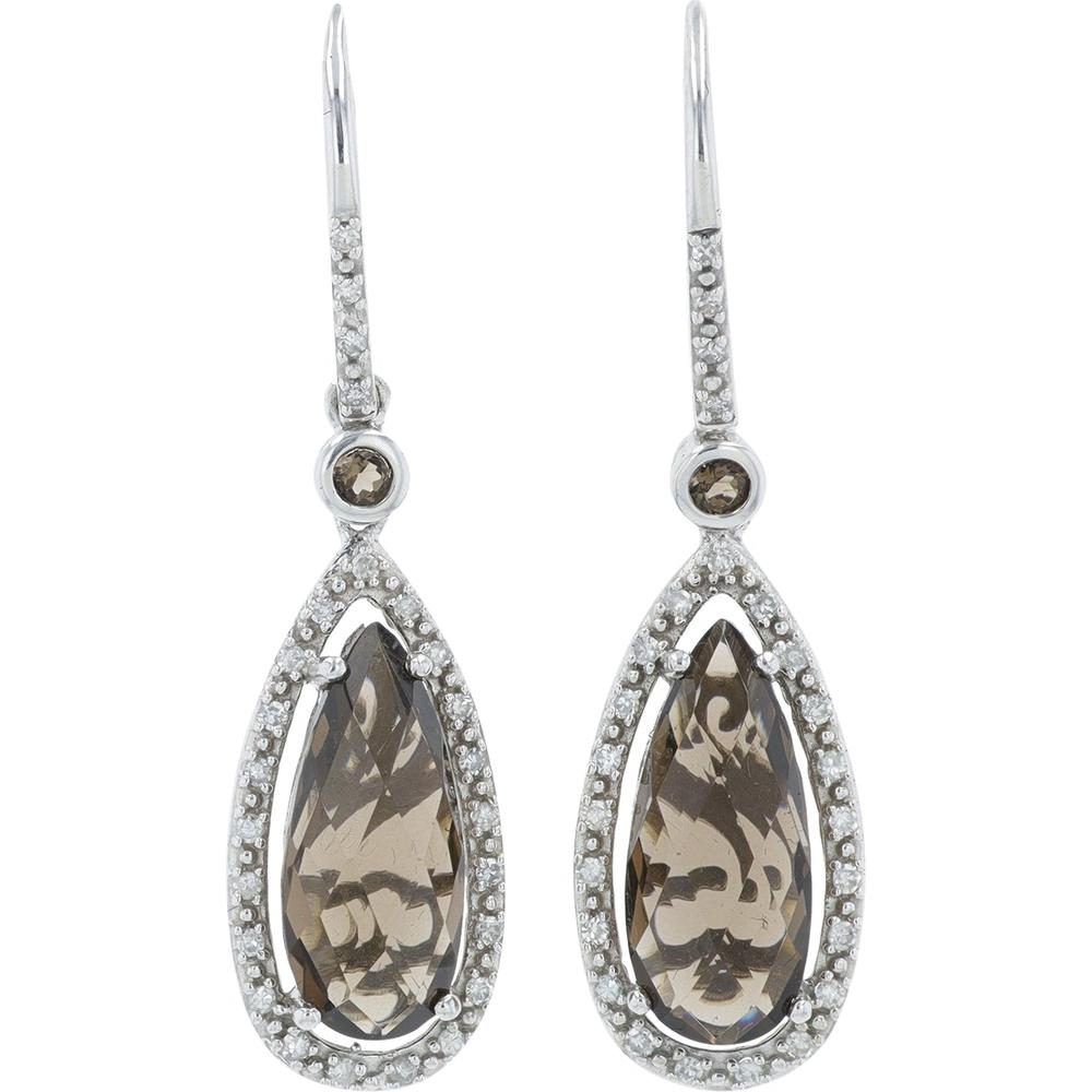 10K White Gold Drop Earrings with Pear - Shaped Smoky Quartz and 0.25 Carat Diamond Halo