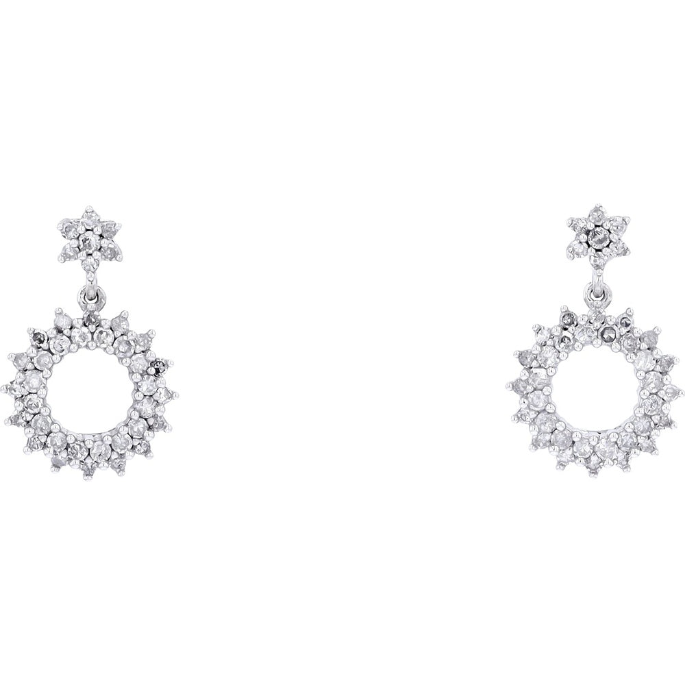 10K White Gold Drop Earrings with Star Stud and Halo Round Diamonds - 0.50 Carat Total Diamond Weight