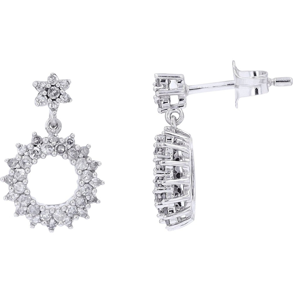 10K White Gold Drop Earrings with Star Stud and Halo Round Diamonds - 0.50 Carat Total Diamond Weight