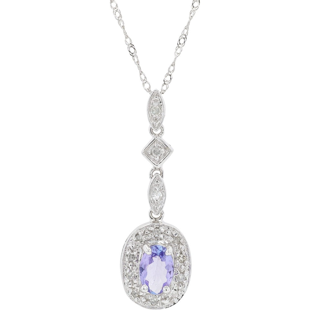 10K White Gold Drop Pendant with Oval Tanzanite and Diamond Halo - 0.50 Carat Tanzanite and 0.05 Carat Total Diamond Weight